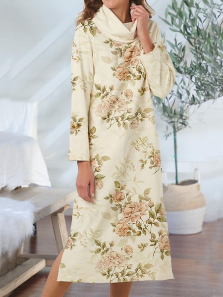 

Fashion Flower Print Cowl Neck Long Sleeve Casual Maxi Dresses, Yellow, Maxi Dresses