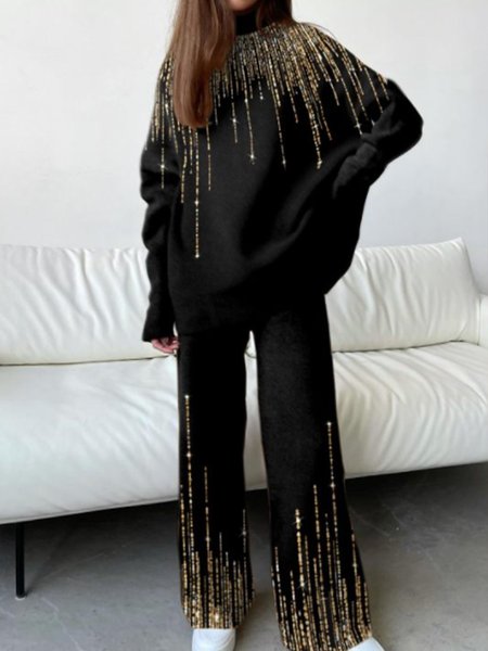 

Casual Printed Long Sleeve Suits Top With Pants, As picture, Two-piece Set