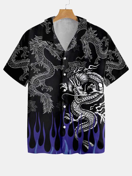 

Vintage Ukiyo-e Dragon Hawaiian Short Sleeve Shirt, As picture, Men's Floral shirt