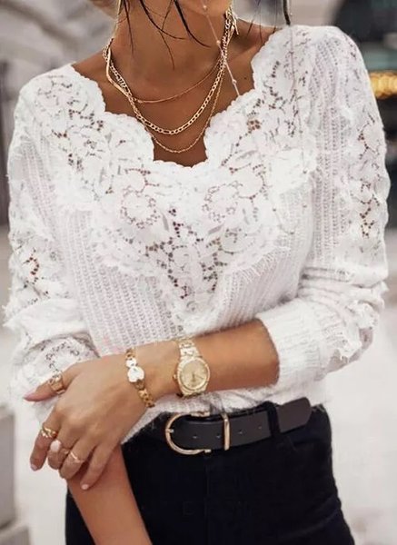 

Lace Patchwork Plain V Neck Wool/Knitting Sweater, White, Sweaters