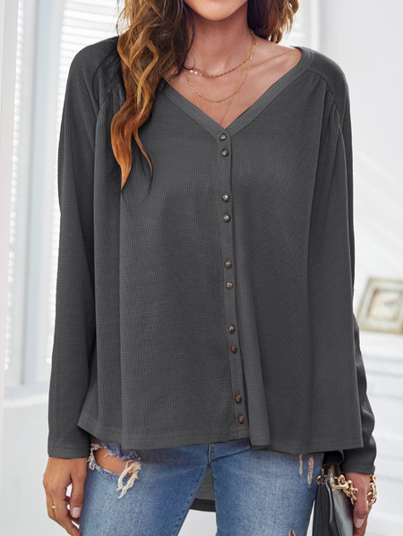 

Shirt Sleeve Loosen Vintage V Neck Shirts & Tops, Deep gray, Long sleeve tops