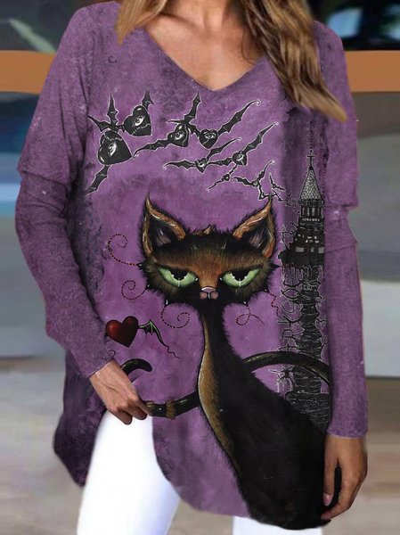

V Neck Cat Printed Casual Crew Neck Off Shoulder Shirts & Tops, Purple, Long sleeve tops