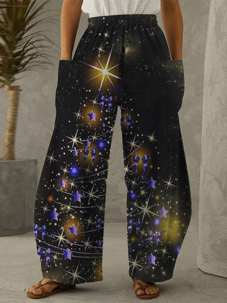 

Christmas Trees Stars Print Black Sports Pants, Pants