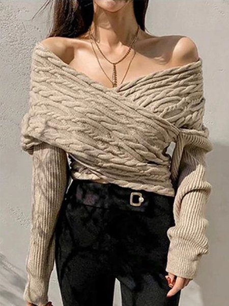 

Sheath Long Sleeve Off Shoulder Daily Sweater, As picture, Pullovers