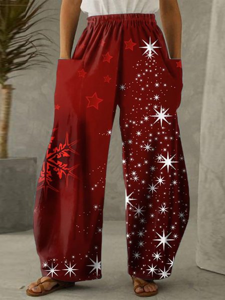 

Shiny Stars Snowflake Print Elastic Waist Wide-leg Pants, Red, Pants