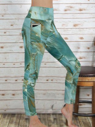 

Elastic waist Printed Casual Pockets Skinny Pants, Green, Leggings