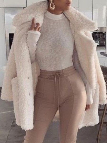 

Daily Lapel Solid Warm Outerwear, As picture, Coats
