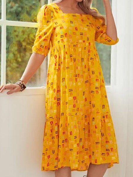 

Regular Fit Floral U-Neck Dresses, Yellow, Casual Dresses