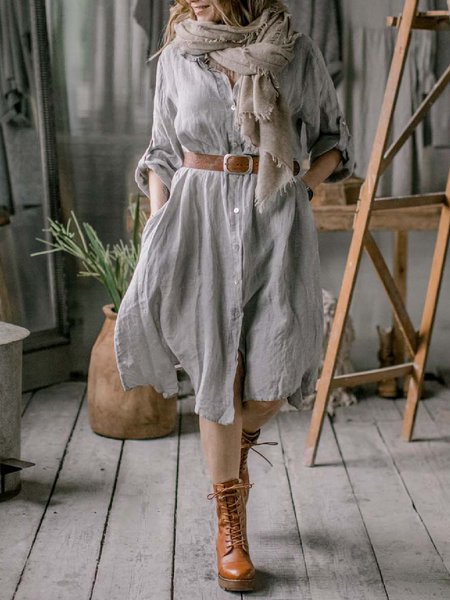 

Loosen Shirt Collar Casual Dresses, Gray, Midi Dresses