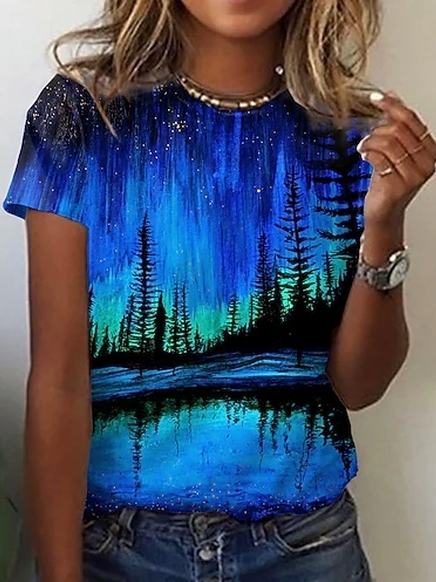 

Crew Neck Landscape Painting Shirts & Tops, Blue, Long sleeve tops