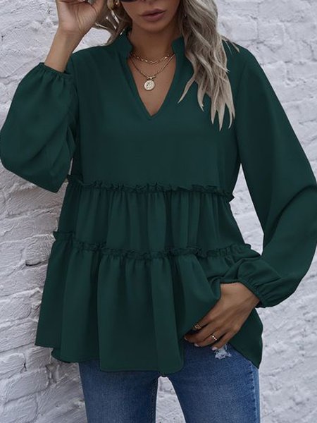 

V Neck Casual Shirts & Tops, Deep green, Tops