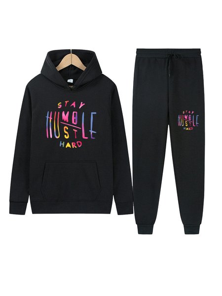 

Men's Colorful Letter Print Hooded Casual Sport Suits, Black, Two-pieces