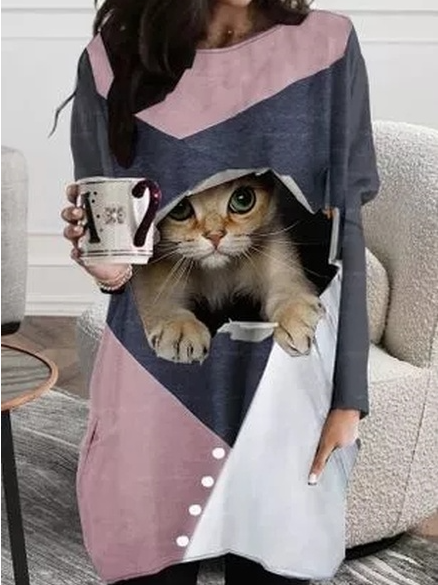 

Crew Neck Casual Cat Print Shirts & Tops, Multicolor, Long sleeve tops