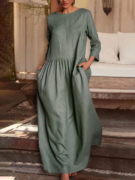 

Casual Loosen Solid Color Pleated Round Neck Maxi Dresses, Green, Maxi Dresses