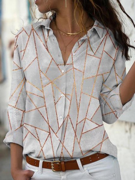 

Geometric Printed Casual Long Sleeve Shirts & Tops, White, Shirts & Blouses