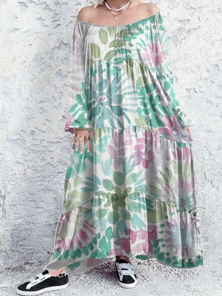 

Floral Off Shoulder Vacation Bishop sleeve Maxi Dresses, White, Maxi Dresses