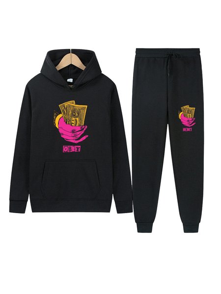 

Cotton Fun Print Long Sleeve Hoodie Set, Black, Two-pieces