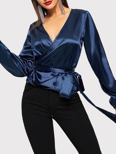 

Long Sleeve Solid Elegant Top, Blue, Blouses and Shirts
