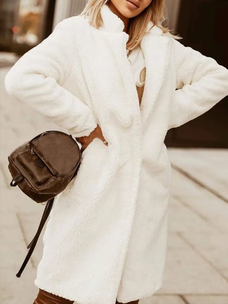 

Solid Lapel Warm Loosen Outerwear, White, Coats