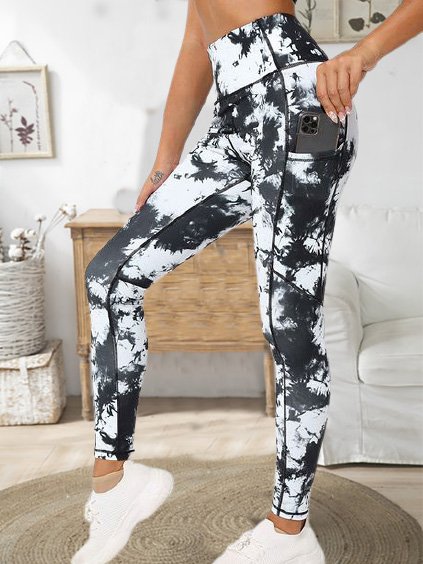

Abstract Printed Elastic Waist Skinny Sporty Long Pants, Black-white, Leggings