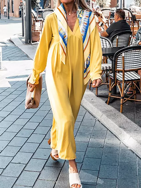 

Plus Size V-neck Long Sleeve Loose Yellow Casual Dresses, Boho dresses
