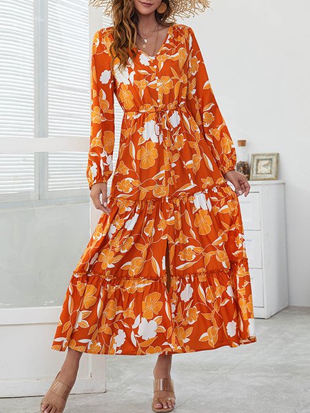 

Romantic Regular Fit Dresses, Orange, Floral Dresses