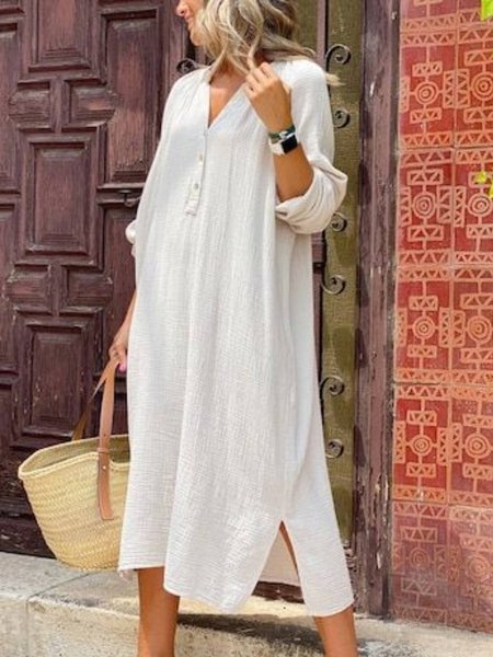 

Casual V Neck Loosen Dresses, White, Midi Dresses