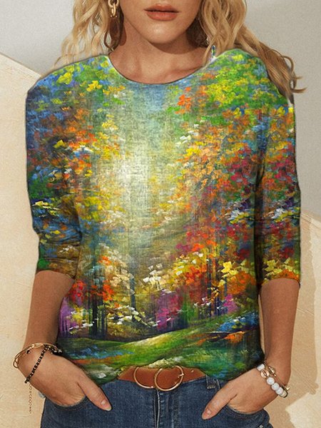 

Long Sleeve Crew Neck Landscape Print Casual Shirts & Tops, Multicolor, T-Shirts