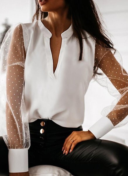 

Plain Long Sleeve V Neck Plus Size Casual Tops, White, Tops