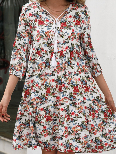 

Casual Floral Print Pullover Five-point Sleeve V-neck Mini Dresses, Red, Floral Dresses