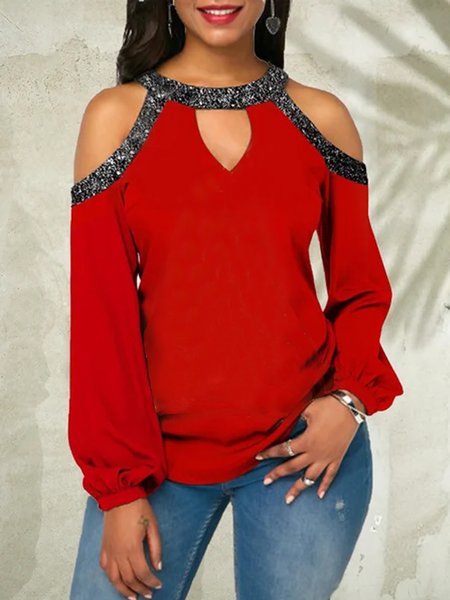 

Plain Regular Fit Bishop Sleeve Elegant Shirts & Tops, Red, Long sleeve tops
