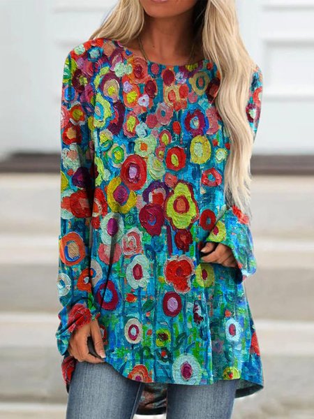 

Casual Long Sleeve Crew Neck Printed tunic Top, Multicolor, Tops