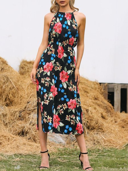 

Halter Regular Fit Vacation Dresses, Black, Floral Dresses