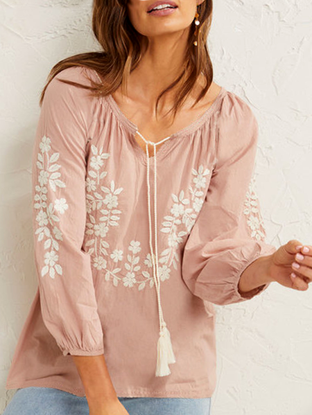 

Loosen V Neck Boho Leaves Shirts & Tops Bohemian leaf pattern top, Pink, Blouses & Shirts