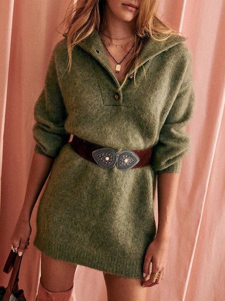 Casual Lapel Solid Long Sleeve Loosen Sweater Dresses, Green, Mini Dresses