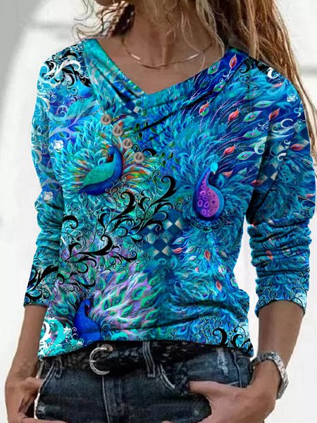 

Casual Peacock Long Sleeve V Neck Plus Size Printed Tops, Blue, Tops