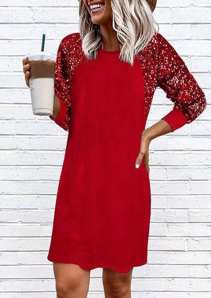 

Crew Neck Patchwork Loosen Dresses, Red, Casual Dresses