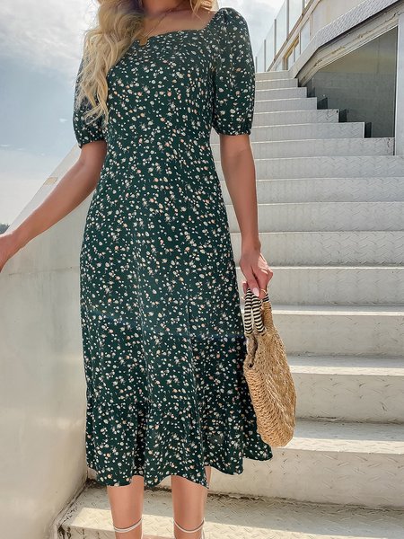 

Vibrant holiday dress slit short sleeve long skirt, Green, Floral Dresses