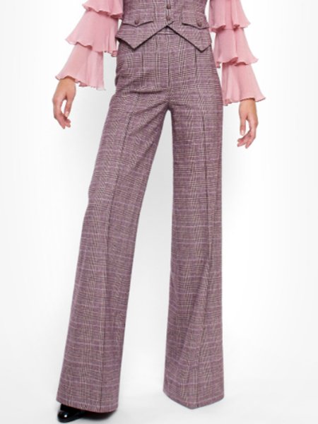 

Simple Elegant Work Date Daily Grid Vintage Pants, Pink, Wide Leg Pants
