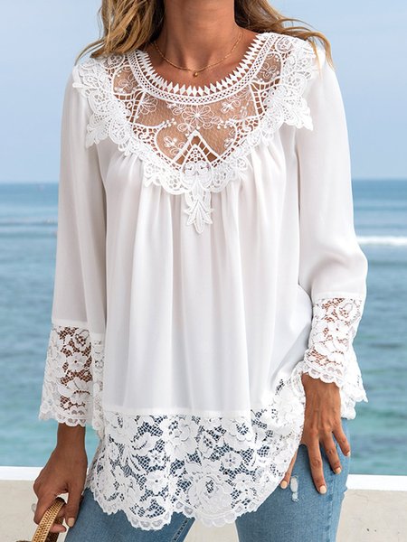 

Plain Lace Long Sleeve Crew Neck Plus Size Lace Casual Tops, White, Tops