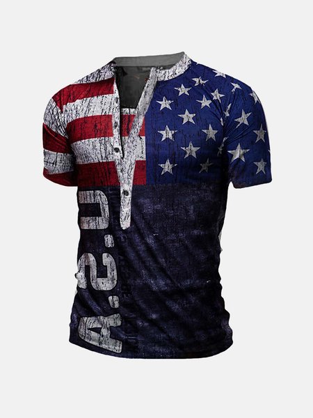 

American Flag Casual Hunter Collar Short Sleeve T-Shirt, As picture, Men's t-shirts