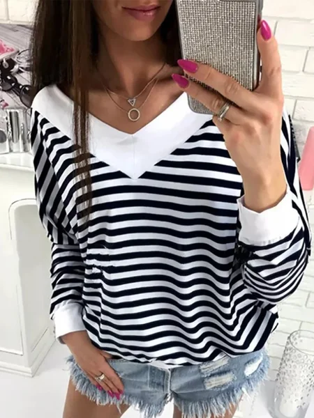 

Striped Long Sleeves V Neck Plus Size Casual Tops, Black-white, T-Shirts