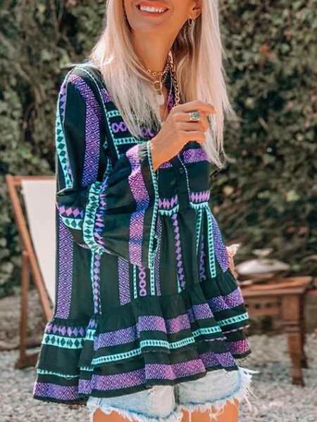 

Boho V Neck Loosen Shirts & Tops, Stripe-blue, Tops