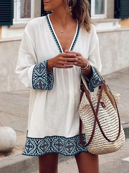 

Casual V neck Tribal Long Sleeve Dresses, As picture, Mini Dresses