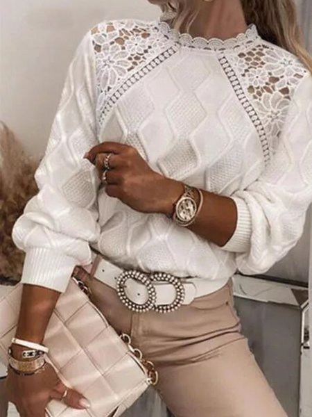 

Plain Lace Regular Fit Crew Neck Sweater, White, Sweaters