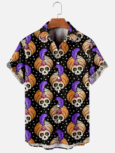 

Mens Skull Print Casual Breathable Chest Pocket Short Sleeve Hawaiian Shirts, Black, Men's Floral shirt