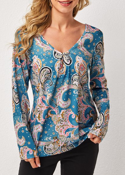

Sky Blue Vacation V Neck Paisley Shirts & Tops, Tops