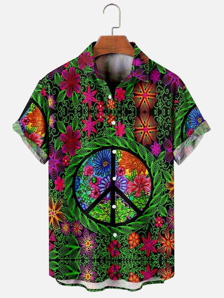 

Mens Funky Hippie Peace&Love Print Casual Breathable Chest Pocket Short Sleeve Hawaiian Shirts, Green, Men's Floral shirt