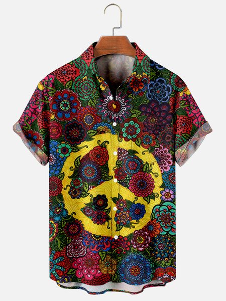 

Mens Hippie Peace&Love Print Casual Breathable Chest Pocket Short Sleeve Hawaiian Shirts, Red, Men's Floral shirt
