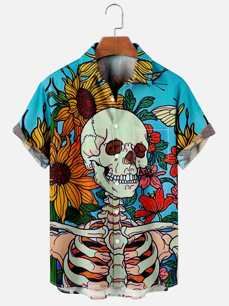 

Mens Skull Floral Print Casual Breathable Chest Pocket Short Sleeve Hawaiian Shirts, Blue, Men's Floral shirt